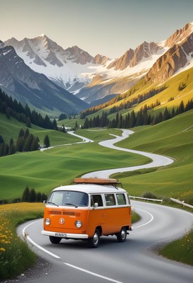 A classic van drives along a winding road through the alps