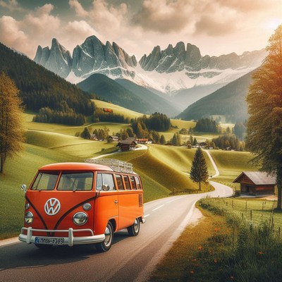 Orange van on a winding road in the alps