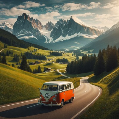 Vintage van journeys through the italian alps
