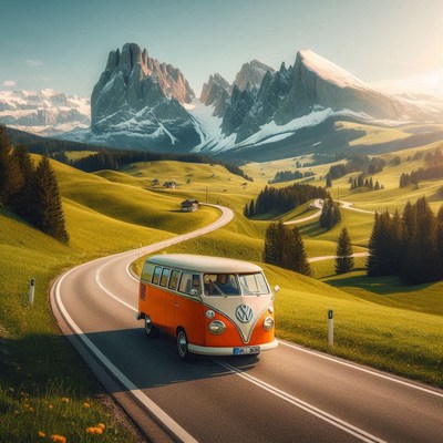 A vintage van drives through a scenic mountain pass