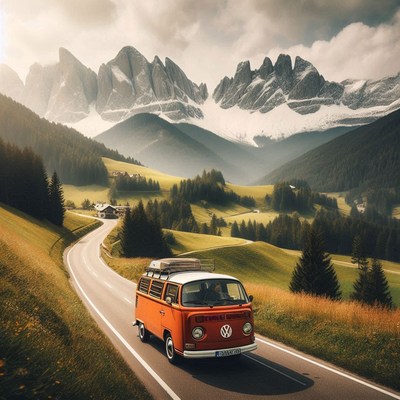 A red van drives through the italian alps