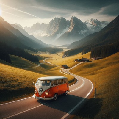 A classic van drives through a mountain valley