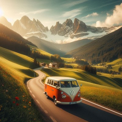Vintage van winds through the italian alps