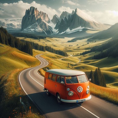 A red van drives down a winding road in the italian alps