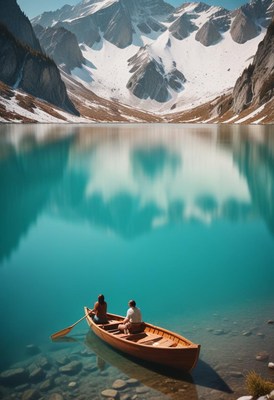 Couple boats on a tranquil turquoise lake