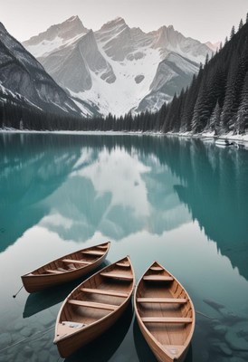 Three boats sit calmly on a mountain lake