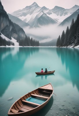 Two people fish from a boat on a calm mountain lake