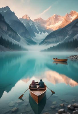 A couple relishes a calm morning by the lake
