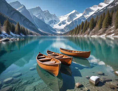 Three wooden boats sit on a mountain lake