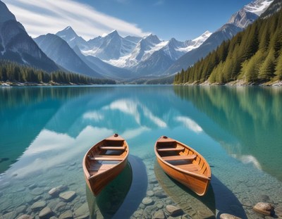 Two boats sit calmly on a pristine mountain lake