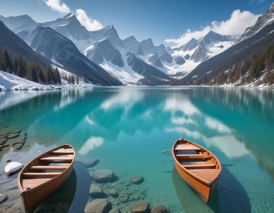 Two wooden boats rest on a turquoise mountain lake