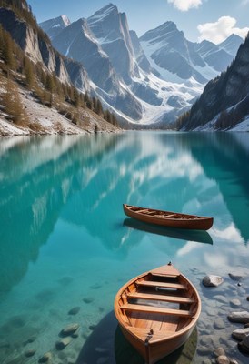 Two boats on a calm lake by snowy mountains