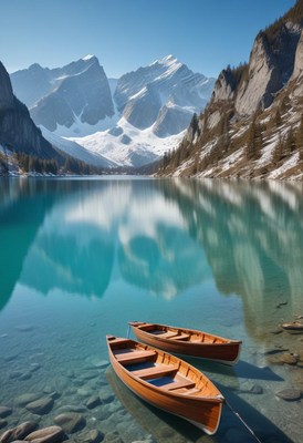 Two boats on a calm turquoise lake by mountains