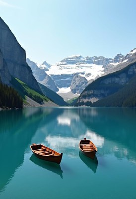 Two boats rest on a turquoise lake by mountains