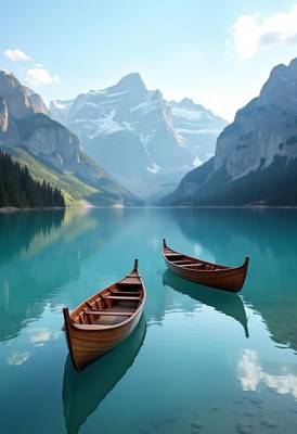 Two boats on a calm lake with mountains behind