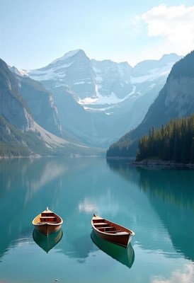 Two boats are docked on a calm lake in the mountains