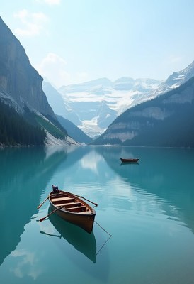 A wooden boat rests on a quiet lake by mountains