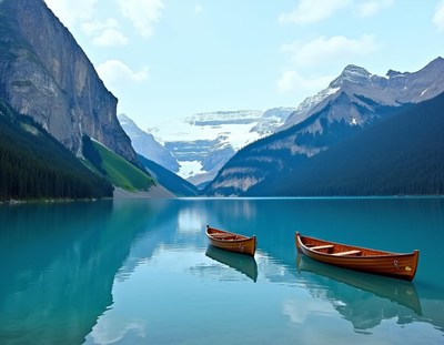 Two canoes are docked on lake louise