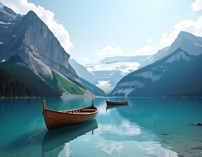 Two boats on a calm lake with mountains in the background