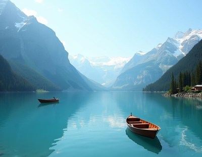 Two boats on a turquoise lake by snowy mountains