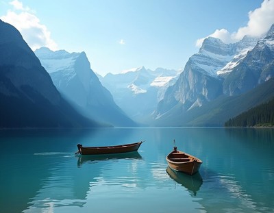 Two wooden boats are moored on a still, turquoise lake