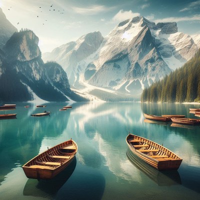 Wooden boats on a calm lake with snowy mountains