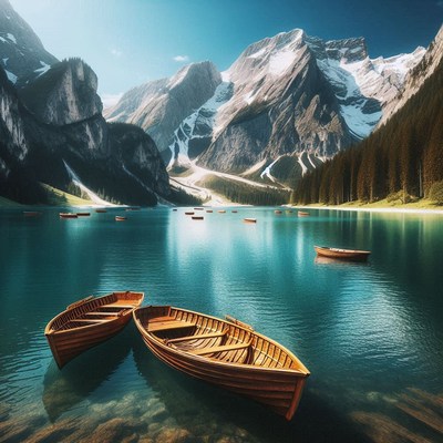 Two boats on a calm lake by snowy mountains