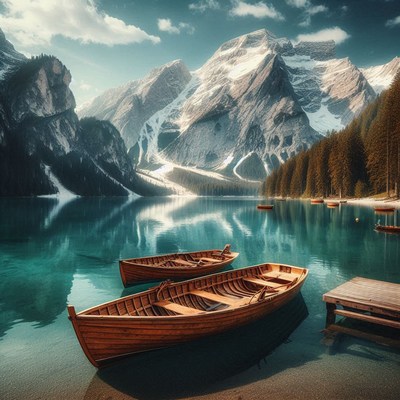Two wooden boats rest on a calm mountain lake