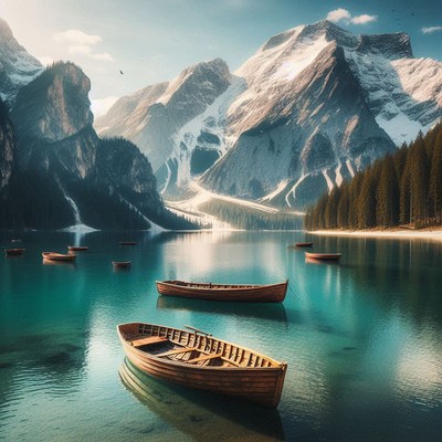 Boats on a calm lake with snowy mountains
