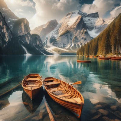 Two wooden boats rest on a calm mountain lake