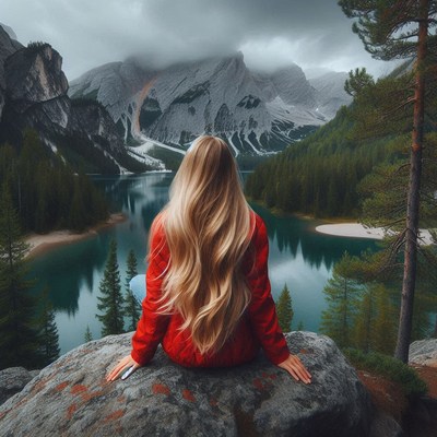 A woman sits on a rock overlooking a lake in the mountains