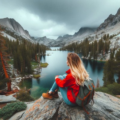 A woman sits on a rock overlooking a lake in the mountains