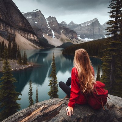 Woman sits on a rock by a banff lake