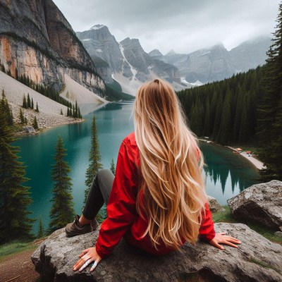 A woman sits on a rock overlooking a mountain lake