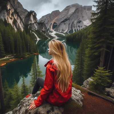 Woman gazes at a tranquil lake in the alps