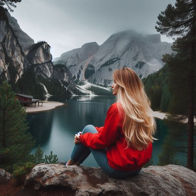 A woman sits on a rock overlooking a lake in the mountains