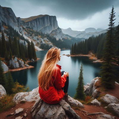 Woman in red jacket sits by mountain lake