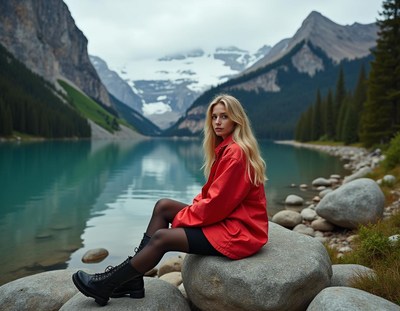 Woman in red jacket sits on a rock by a lake