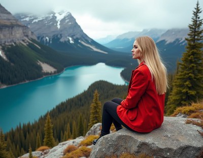 A woman sits on a rock, looking out at a mountain lake