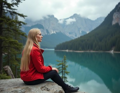 A woman sits on a rock overlooking a lake and mountains