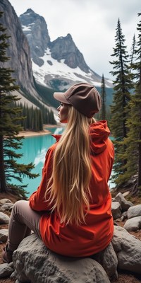 Woman on rock, gazing at turquoise lake and mountains