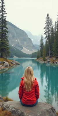 A woman sits on a rock overlooking a serene lake