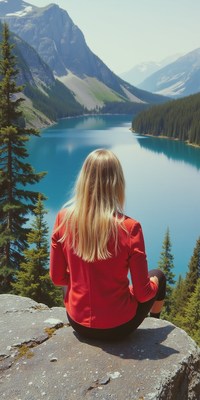 Woman in red jacket sits by a lake in canada