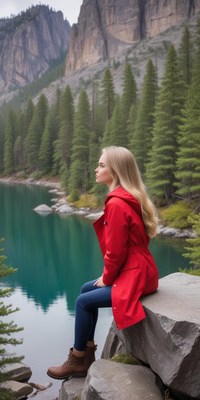 A woman in a red coat sits by a mountain lake