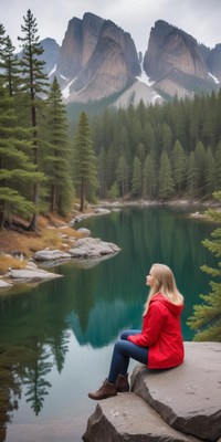 A woman relaxes on a rock by a tranquil lake