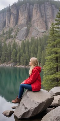 Woman on a rock by a lake, cliffs around her
