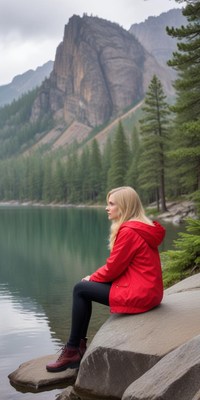 A woman sits by a lake, admiring the view of mountains