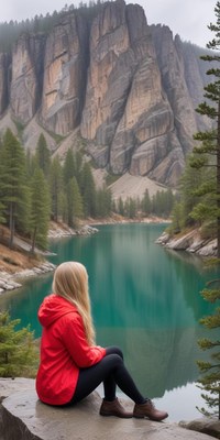 A woman sits by a lake surrounded by mountains