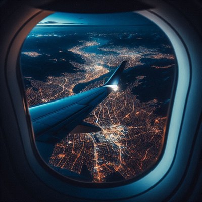 A view of a city at night from a plane window
