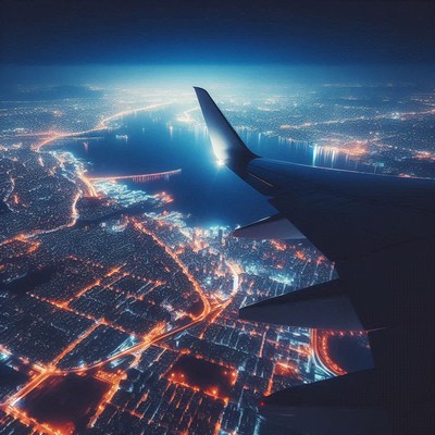 A night flight over a city illuminated by streetlights